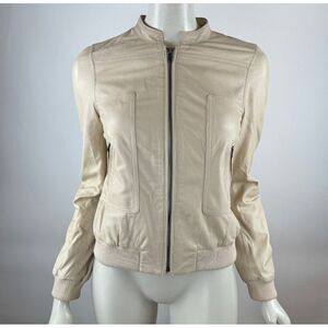 Joie Calf Leather Bomber Jacket Women XS Full Zip Pockets Lined‎ Moto Bike Beige